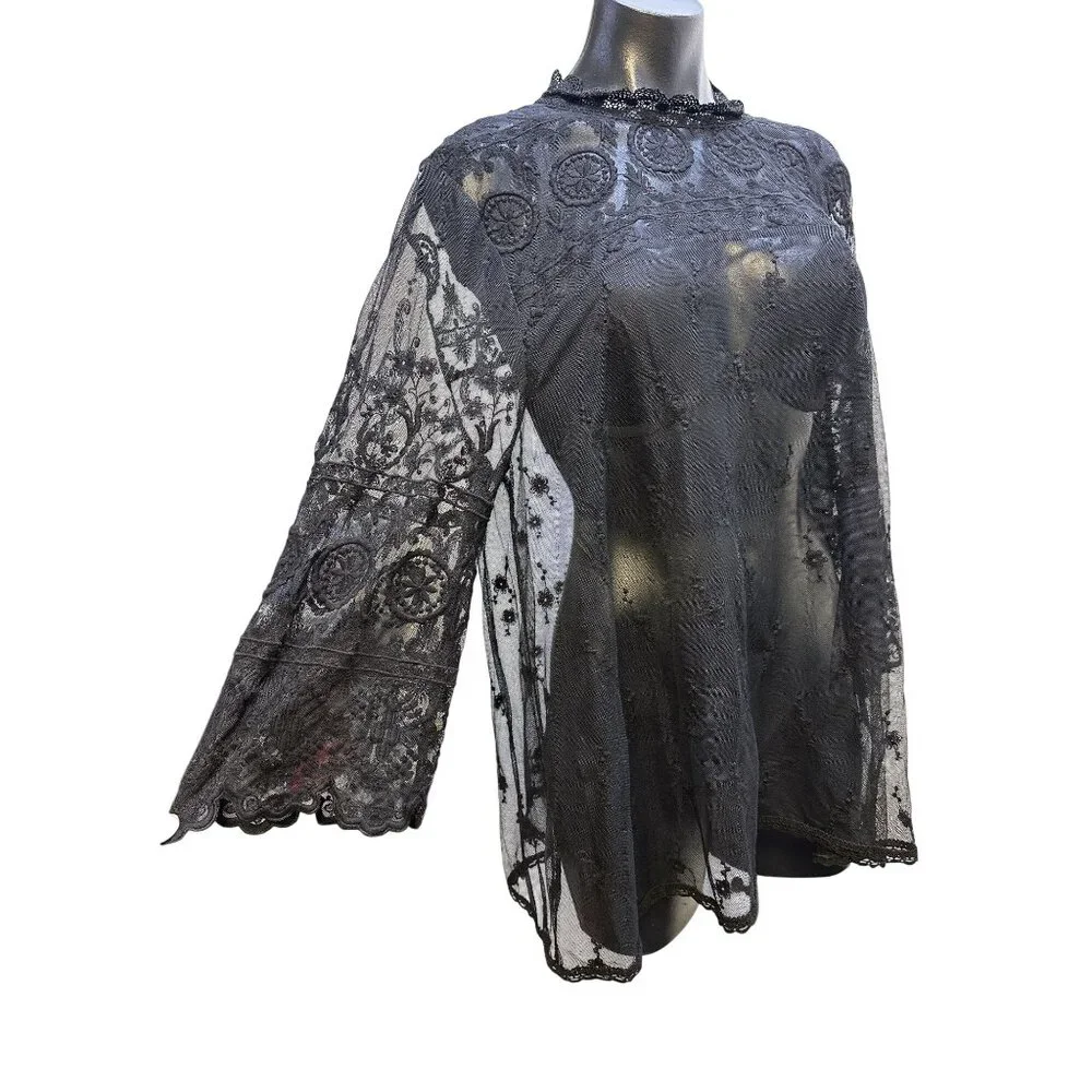 4 Love And Liberty Black Sheer Embroidered Lace Blouse w/Bell Sleeves Size XL - Picture 4 of 10